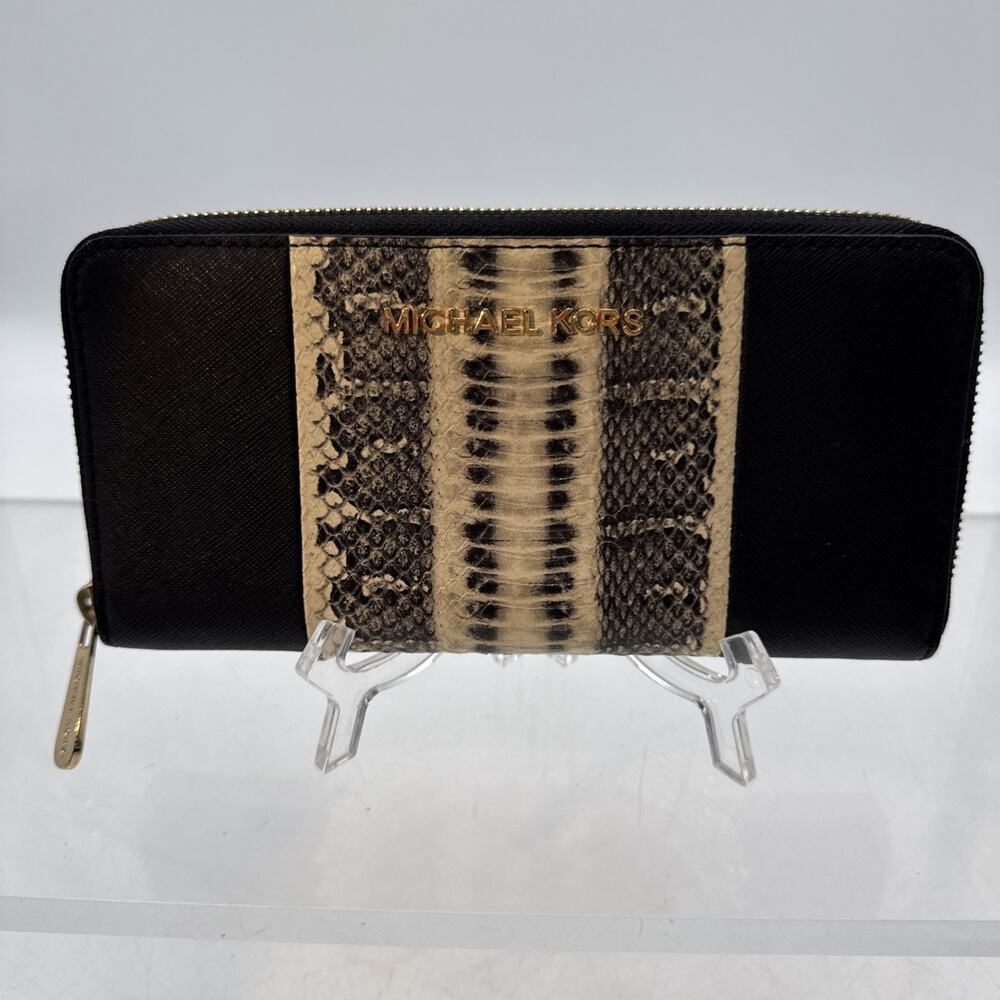 Michael Kors 32T4GJTZ3E JS Trvl Cntr Stripe Snake+blk Calfskin Long Wallet